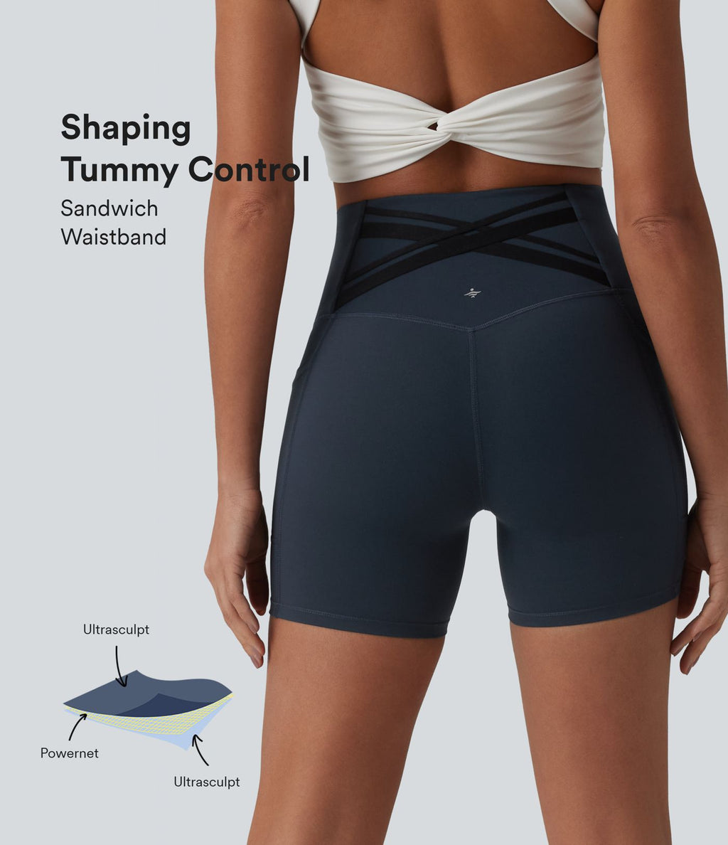 Short cycliste de running Halara UltraSculpt™ taille haute ventre plat 12,5 cm avec dos croisé et poches