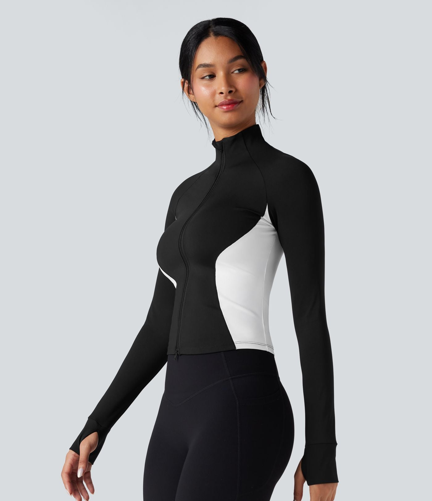 Veste yoga SoftlyZero™ Airy col montant manches longues passe-pouces color block effet frais InstantCool, protection solaire UPF50+