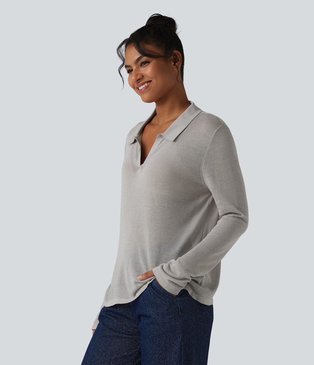 Pull casual en lyocell et lin à col polo et manches longues