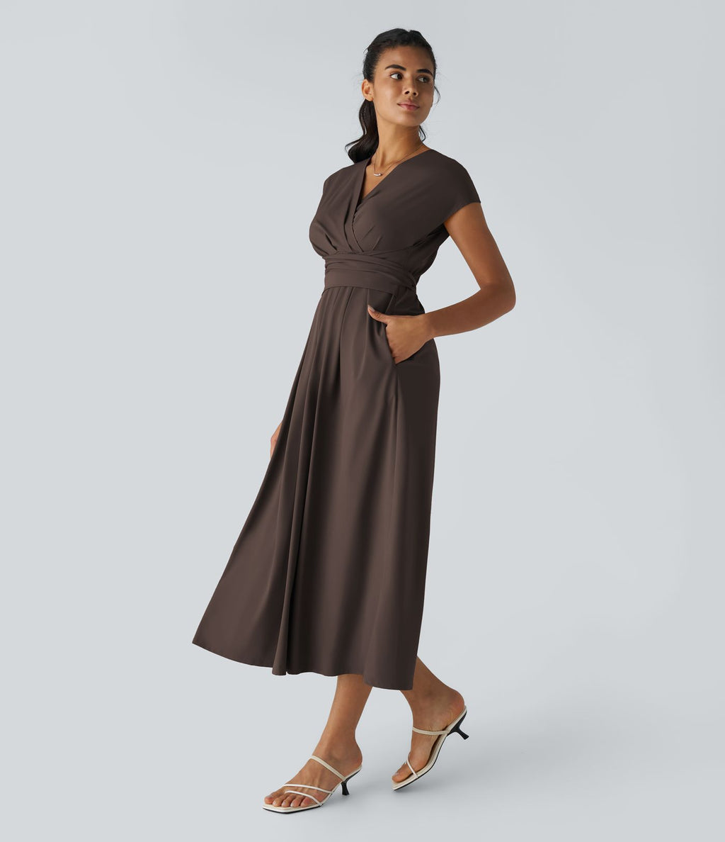 Breezeful™ Robe Mi-Longue Col en V Manches Courtes Poche Latérale Nouée au Dos Séchage Rapide