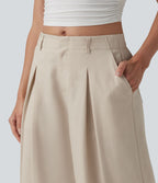 Pantalon ample décontracté en lyocell et lin mélangé, taille mi-haute, plissé, avec poches