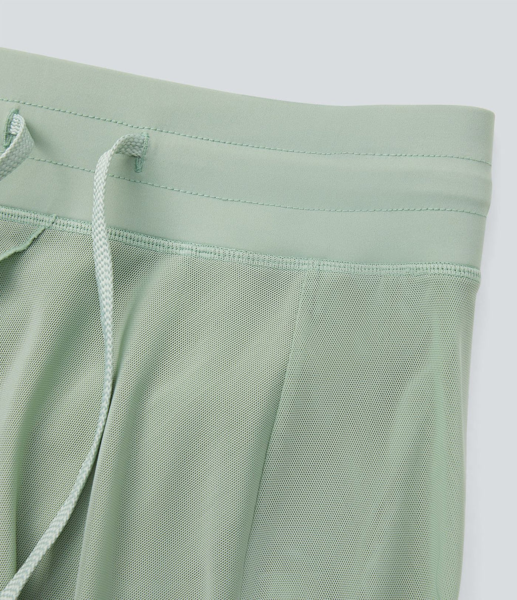 Jupe Casual Évasée Mesh Mi-Longue Fuide 2 en 1 Contrastée Taille Haute Cordon Poche Latérale