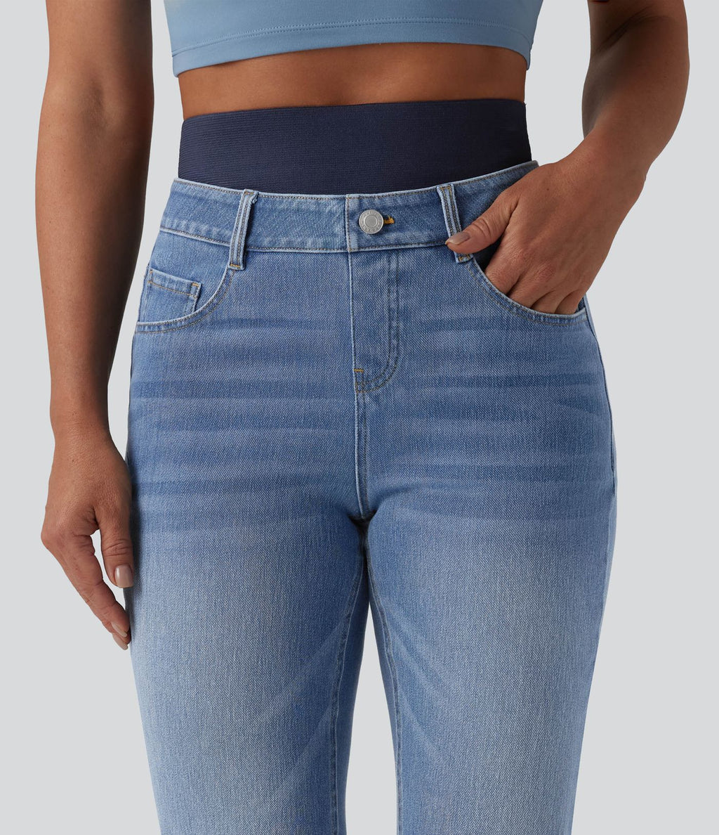 Jean ajusté décontracté Halara Flex™ double ceinture gainant taille haute avec poches