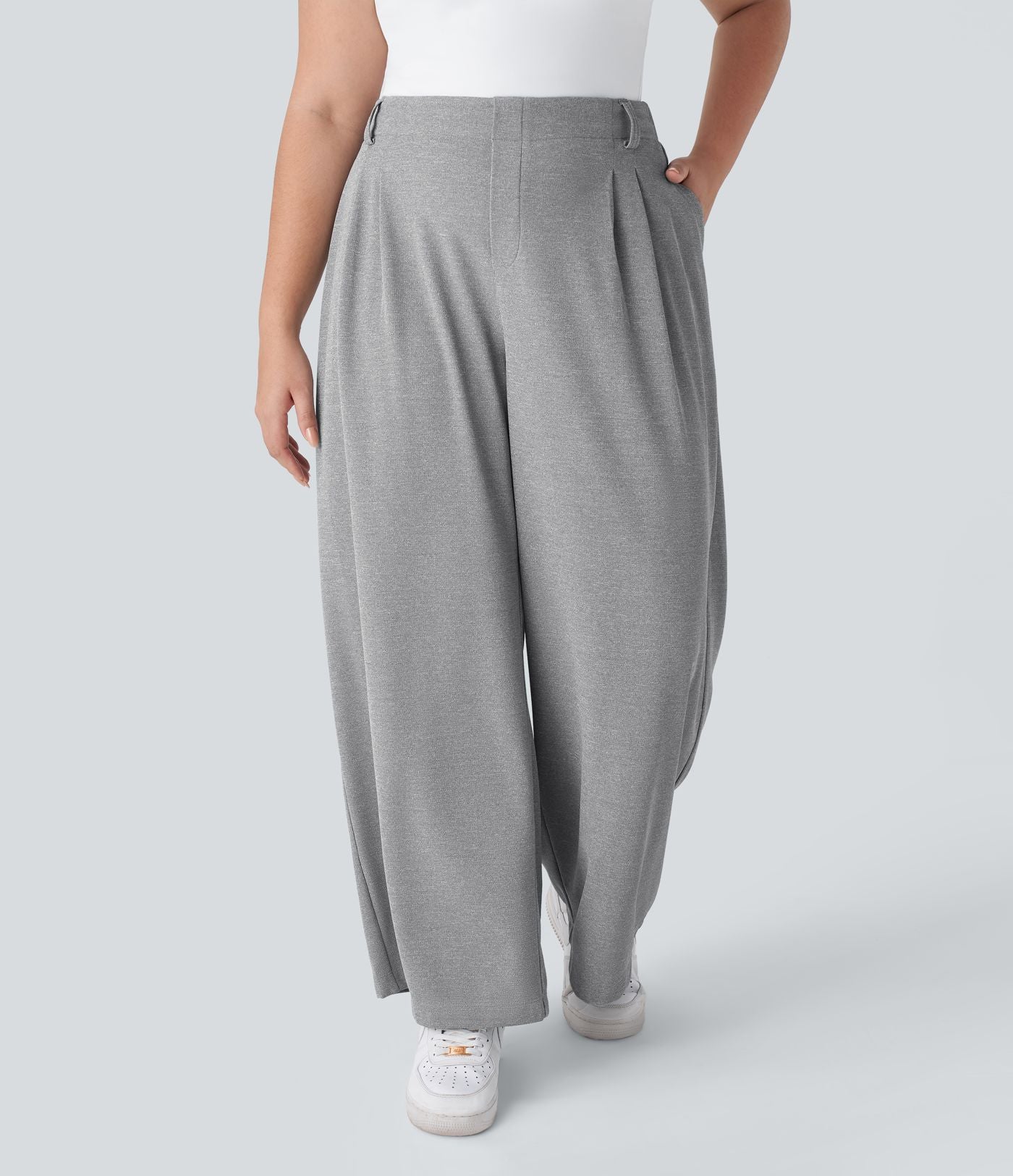 Halara Flex™ Pantalon tailleur Grande taille à Taille Haute, Poches Latérales Plissées, Jambes Larges, en Tissu Gaufré