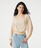 Blouse casual effet lin à col carré, manches bouffantes, lien au dos, empiècement en dentelle et détails froncés