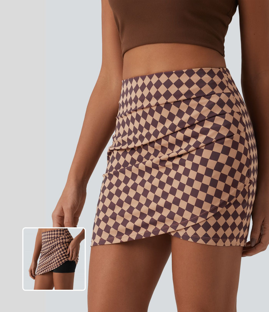 Jupe courte moulante casual 2-en-1 Halara UltraSculpt™ imprimé à carreaux taille haute avec ourlet croisé