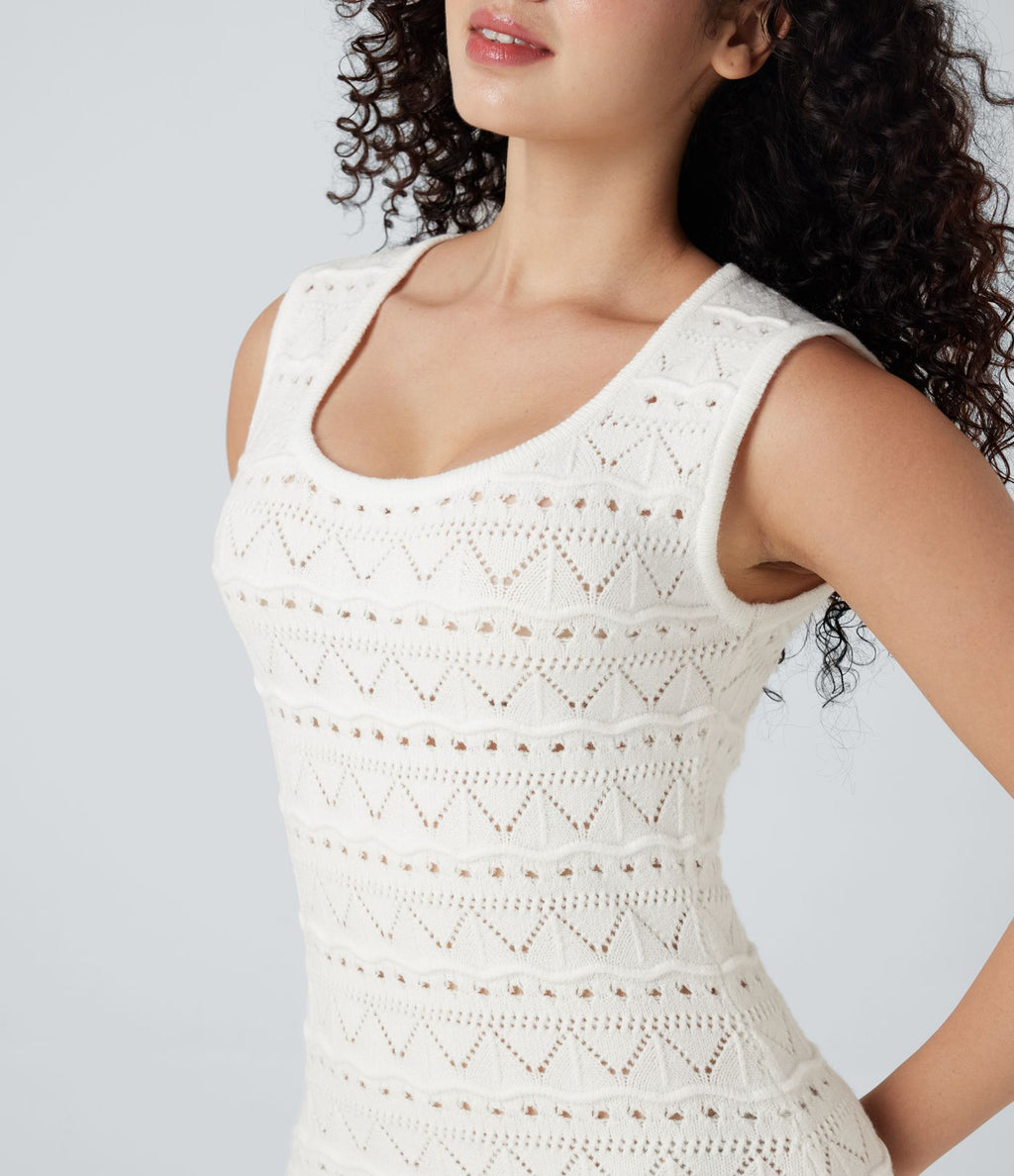 Robe pull courte col U sans manches tricot ajouré ourlet festonné