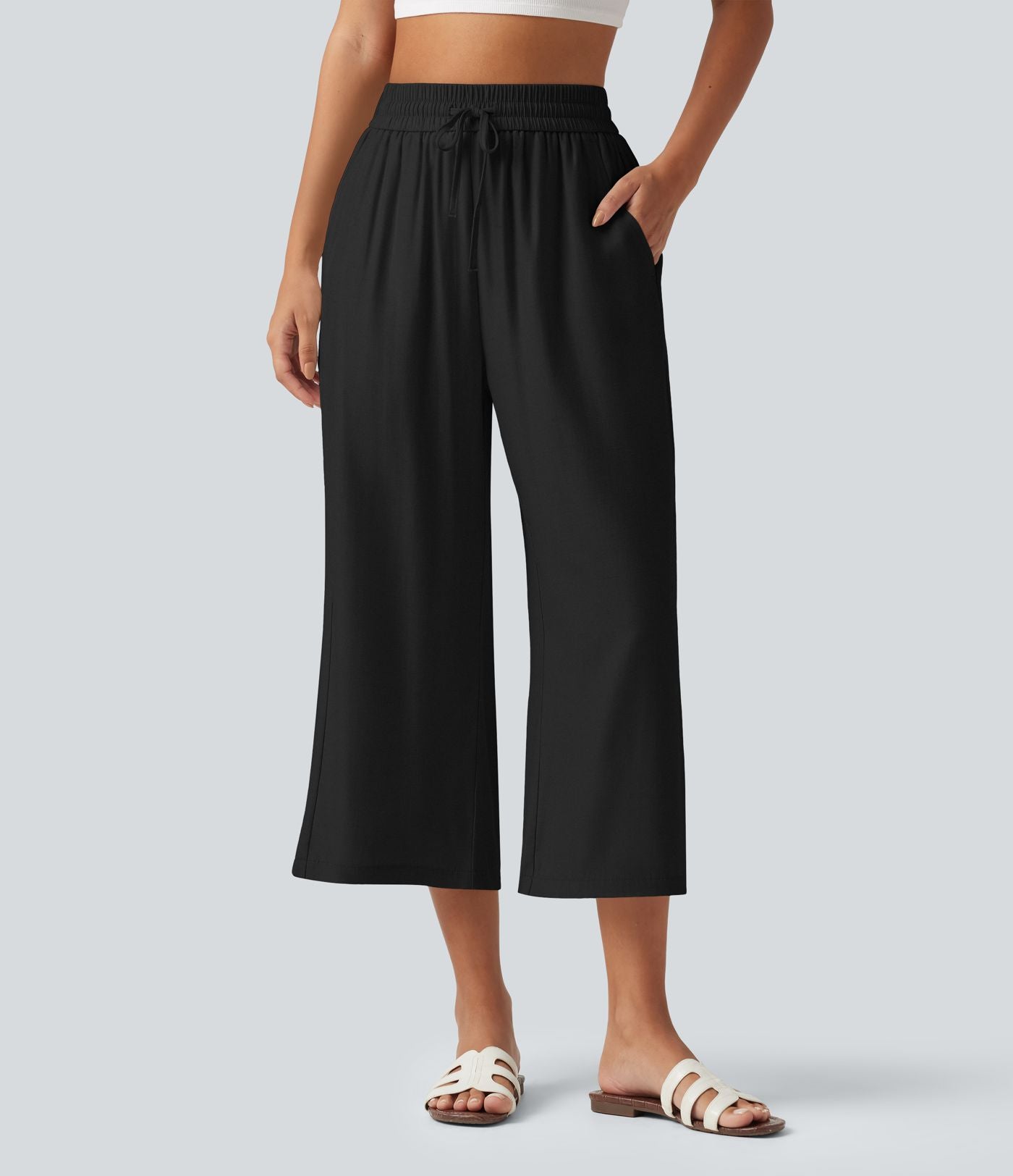 Pantalon large court taille haute en lin mélangé avec cordon de serrage et poches