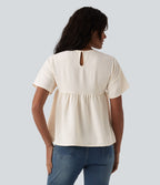 T-shirt décontracté col rond manches courtes ourlet à volants aspect lin