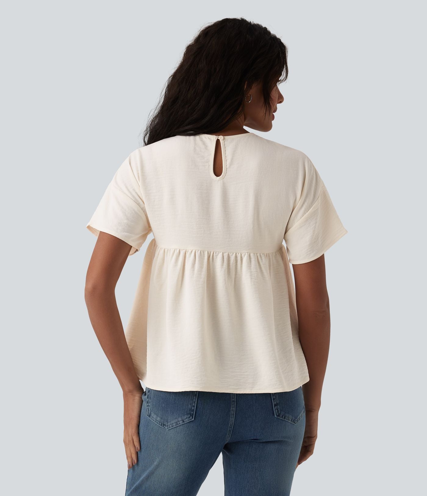 T-shirt décontracté col rond manches courtes ourlet à volants aspect lin