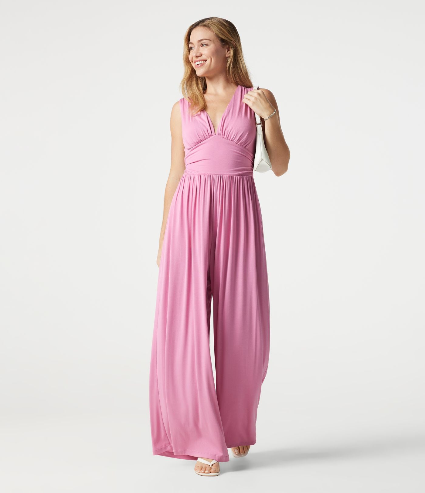 Combinaison côtelée décontractée sans manches à col en V froncée avec brassière intégrée et poches - Édition Easy Peasy