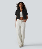 Chemise courte col classique manches courtes retroussées en mélange lin avec poches