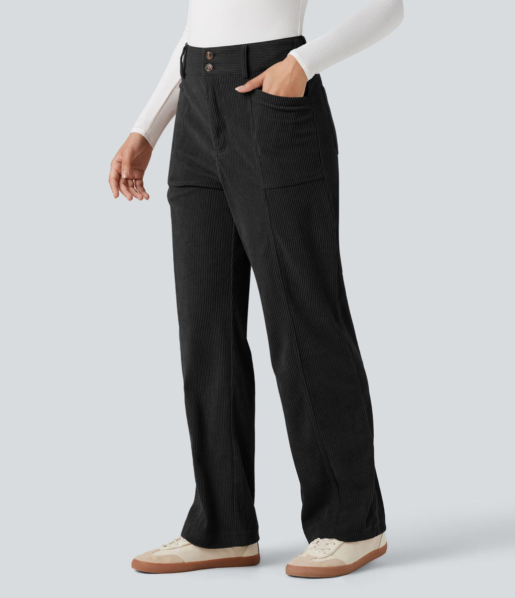 Pantalon décontracté droit taille haute en velours côtelé avec poches