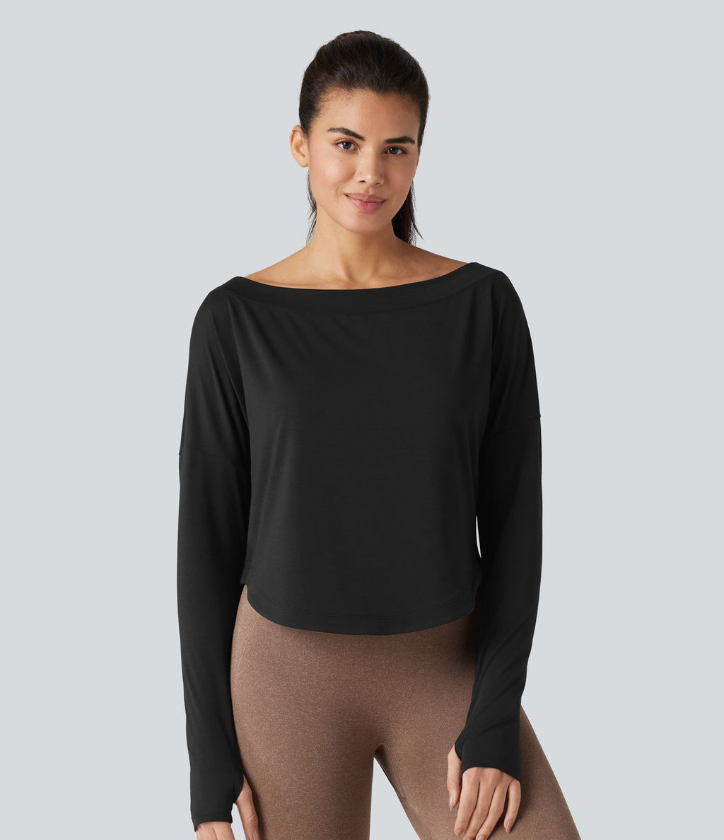 Top de sport yoga asymétrique une épaule manches longues avec trou pour le pouce, ourlet arrondi asymétrique et séchage rapide