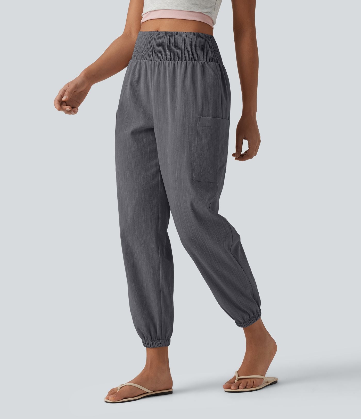 Jogging fuselé décontracté aspect lin froncé taille haute avec poches