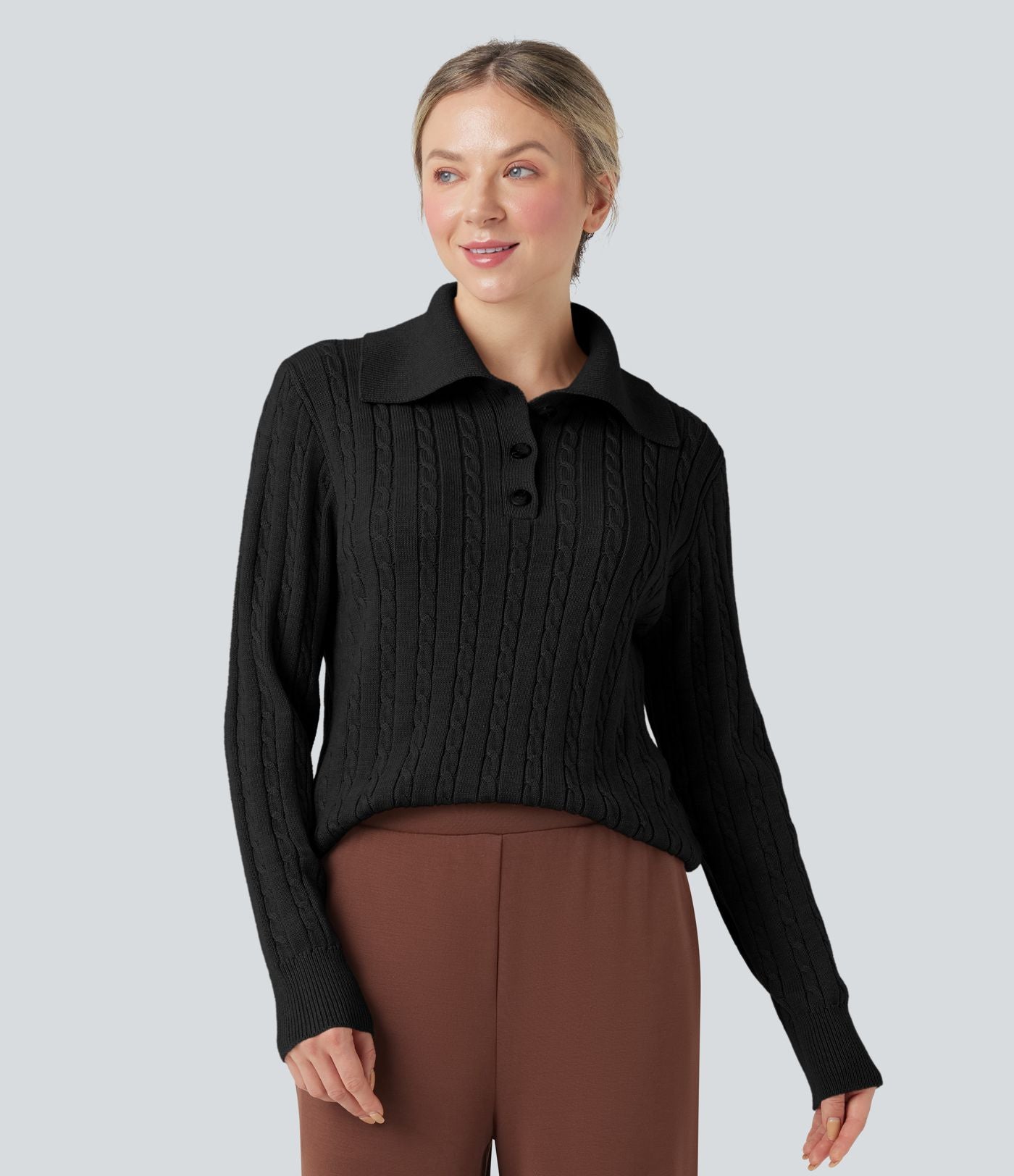 Pull laine mélangée col tailleur manches longues torsadé coupe décontractée