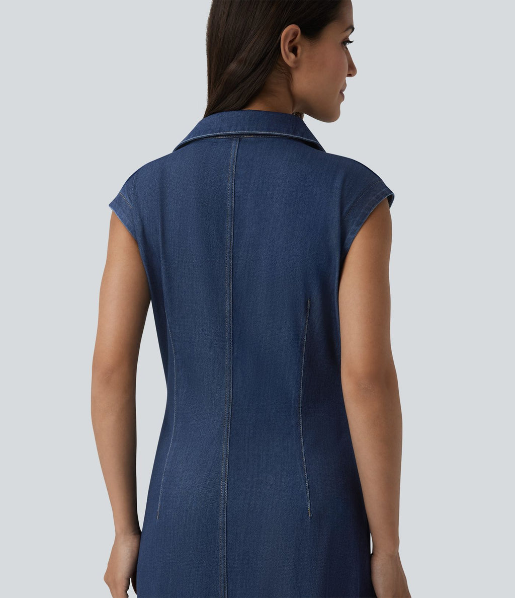 Halara Flex™ Robe décontractée en jean midi col V sans manches froncée avec boutonnière