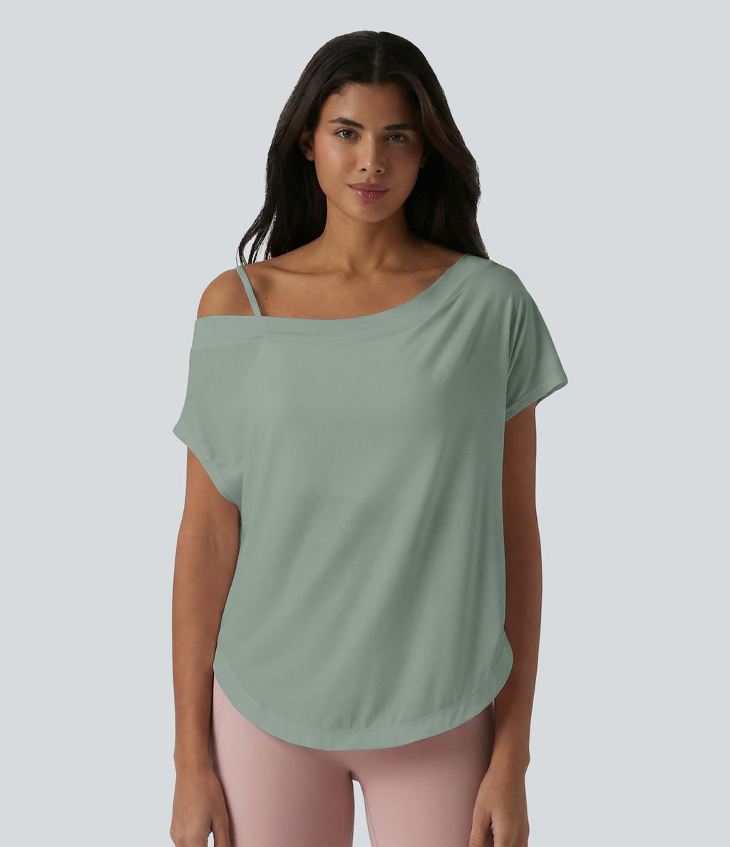 Top de yoga à une épaule, manches courtes, ourlet asymétrique et soutien-gorge intégré à séchage rapide