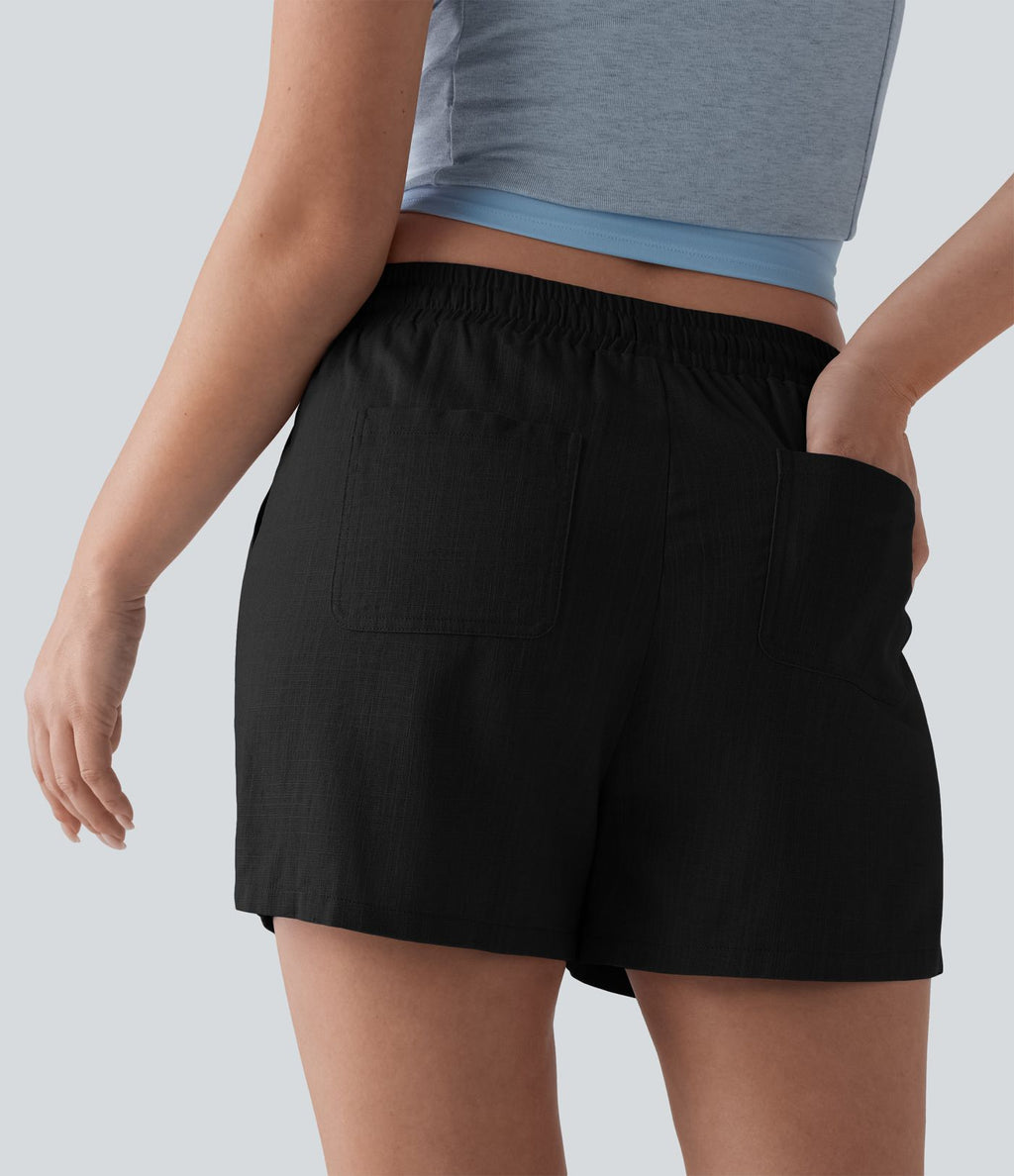Short casual lin taille mi-haute avec cordon de serrage et poches