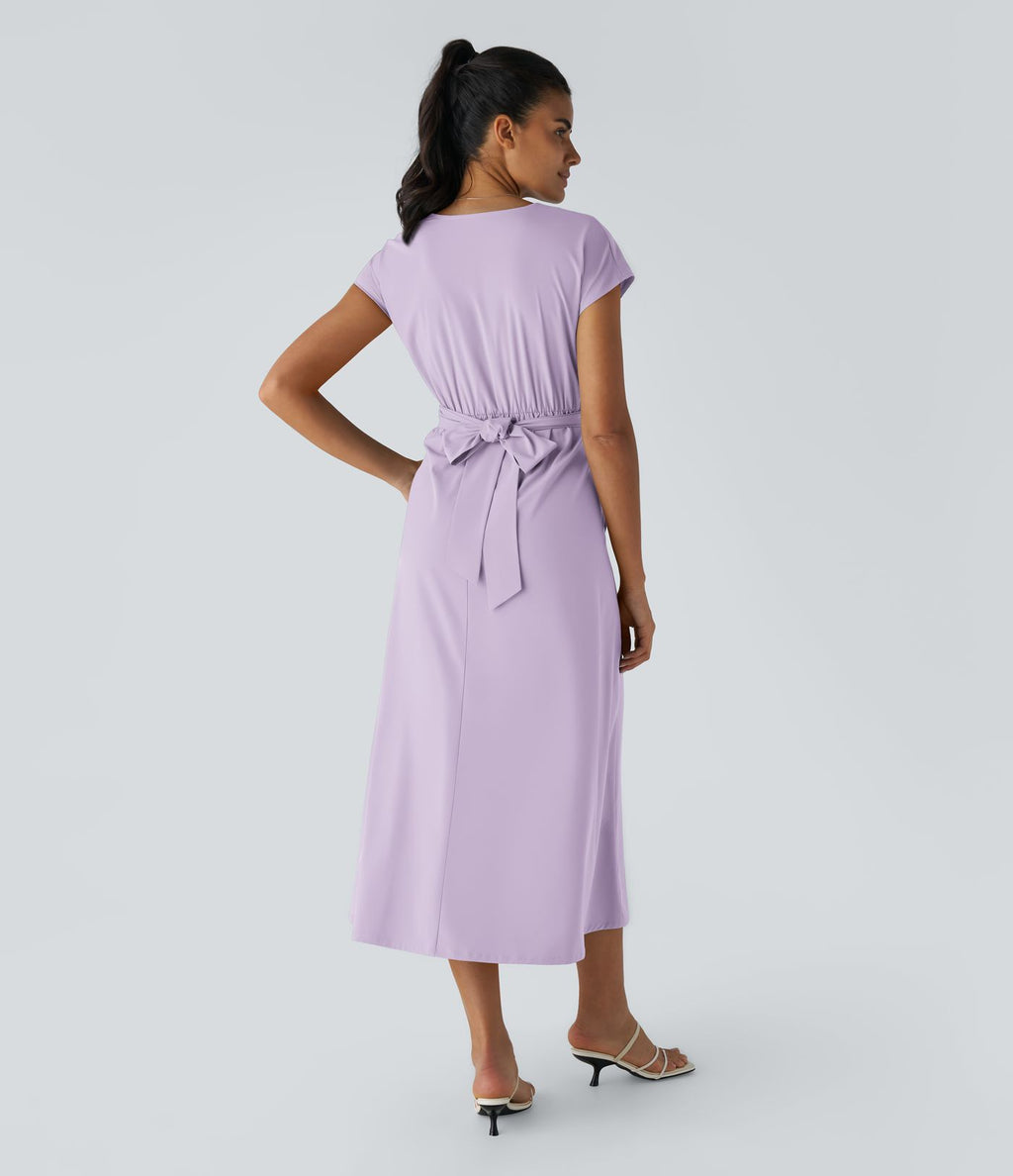 Breezeful™ Robe Mi-Longue Col en V Manches Courtes Poche Latérale Nouée au Dos Séchage Rapide