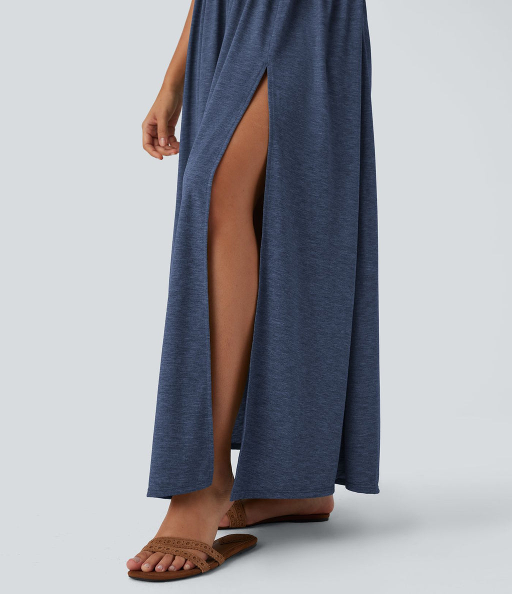 Robe longue fluide fendue avec poches latérales, dos nu et effet torsadé