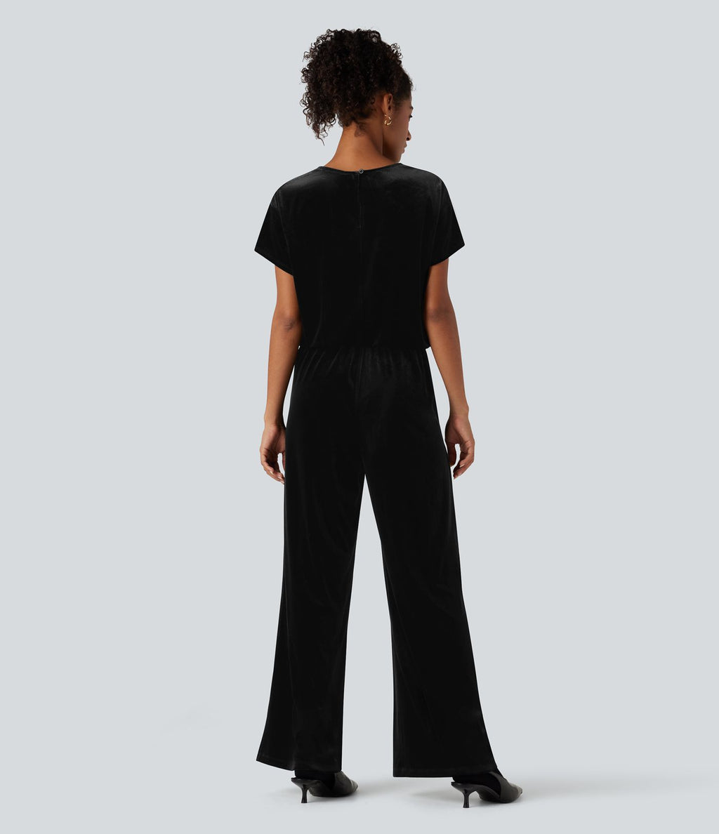Combinaison tailleur velours col rond manches courtes avec poches