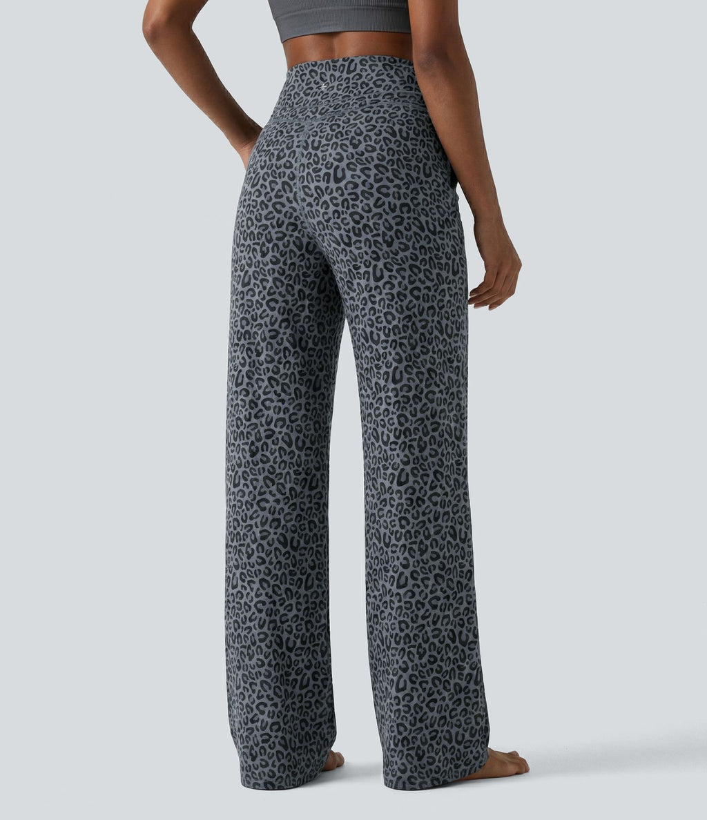 Pantalon de yoga jambes droites taille haute gainant imprimé léopard Halara UltraSculpt™ avec poches