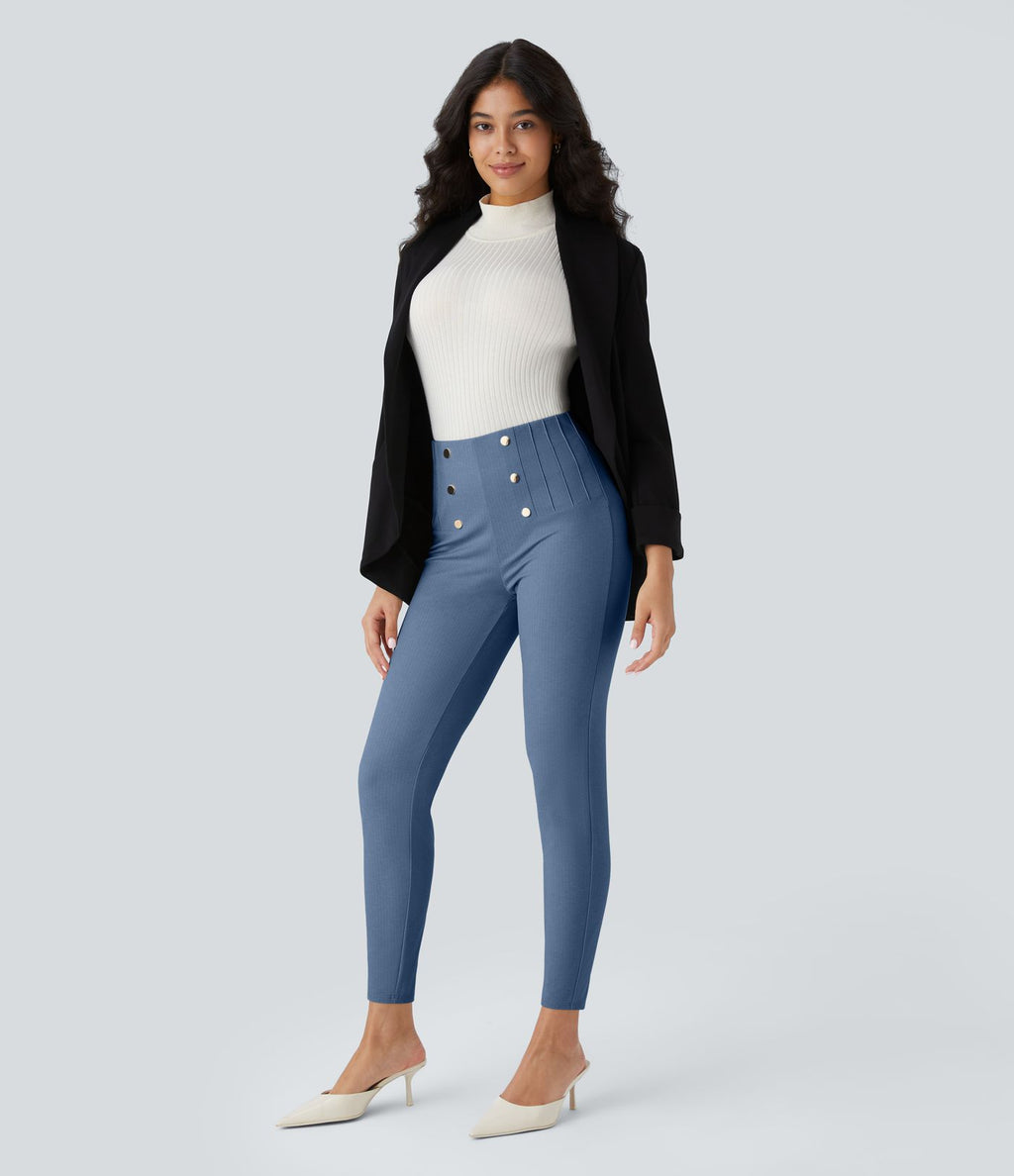 Pantalon tailleur skinny gainant taille haute à chevrons avec poches arrière zippées décoratives