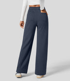Pantalon Jogging en Fleece Thermique Jambe Droite Boutons Taille Haute Plusieurs Poches