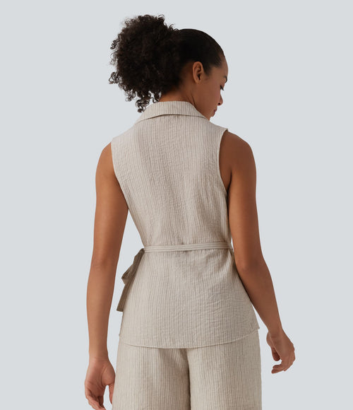 Chemise décontractée aspect lin sans manches col cache-cœur avec lien latéral