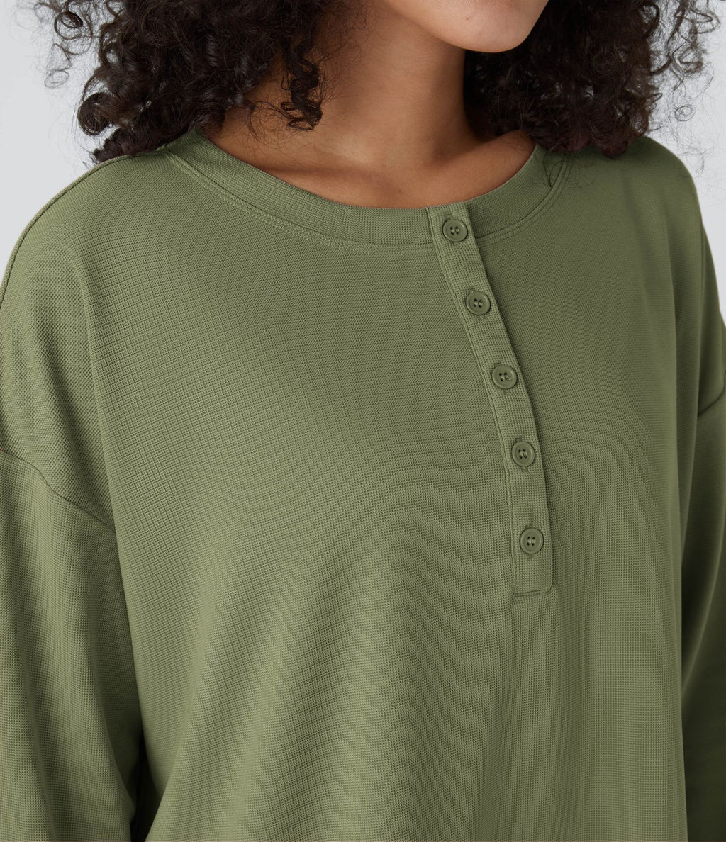 Sweatshirt Casual Waffle à Boutons Devant avec Trou Pouce et Fente