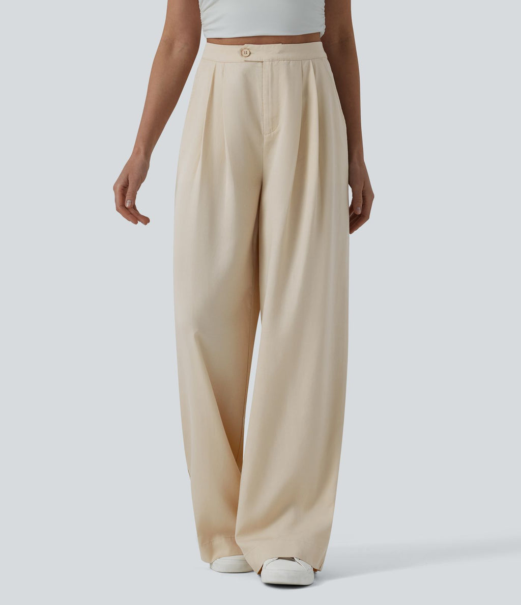 Pantalon large fluide casual taille haute plissé drapé en lin avec poches