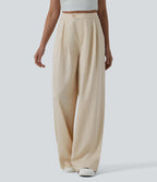 Pantalon large fluide casual taille haute plissé drapé en lin avec poches