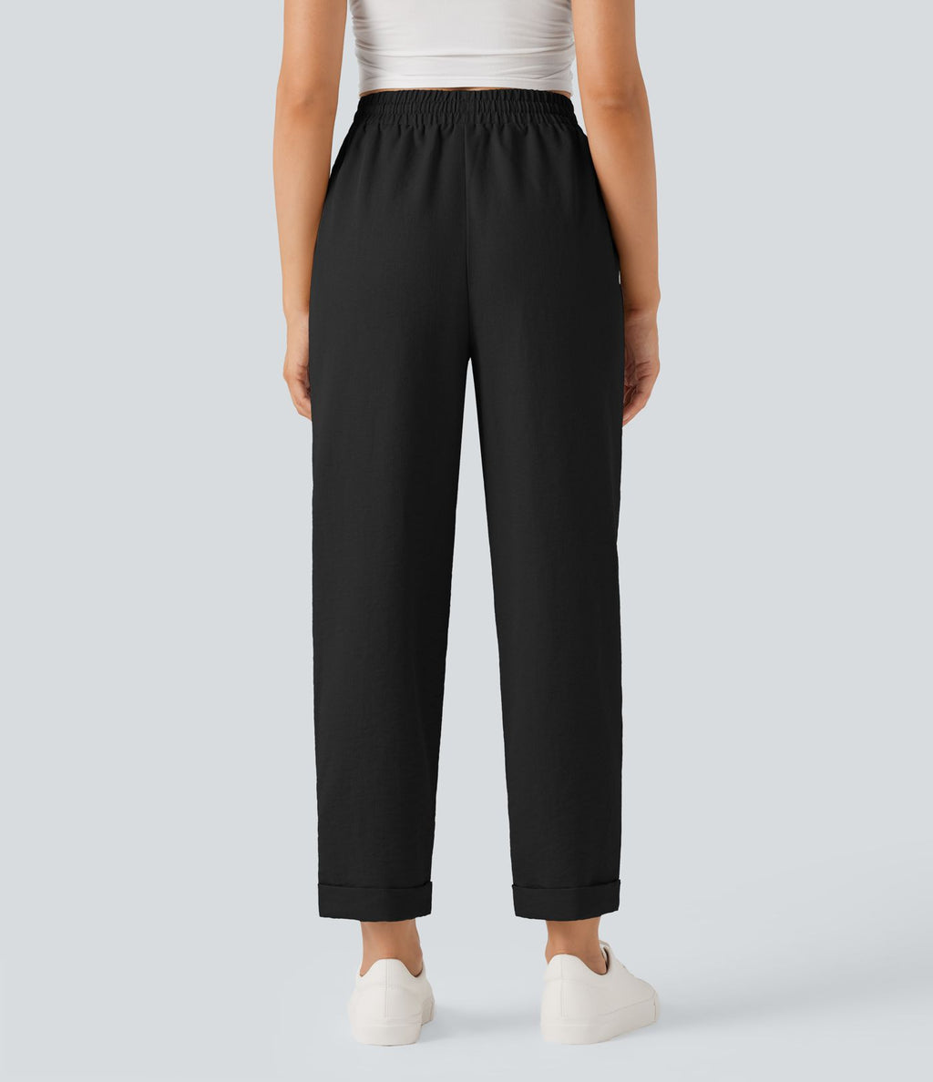 Pantalon décontracté fuselé effet lin taille haute infroissable avec cordon et poches
