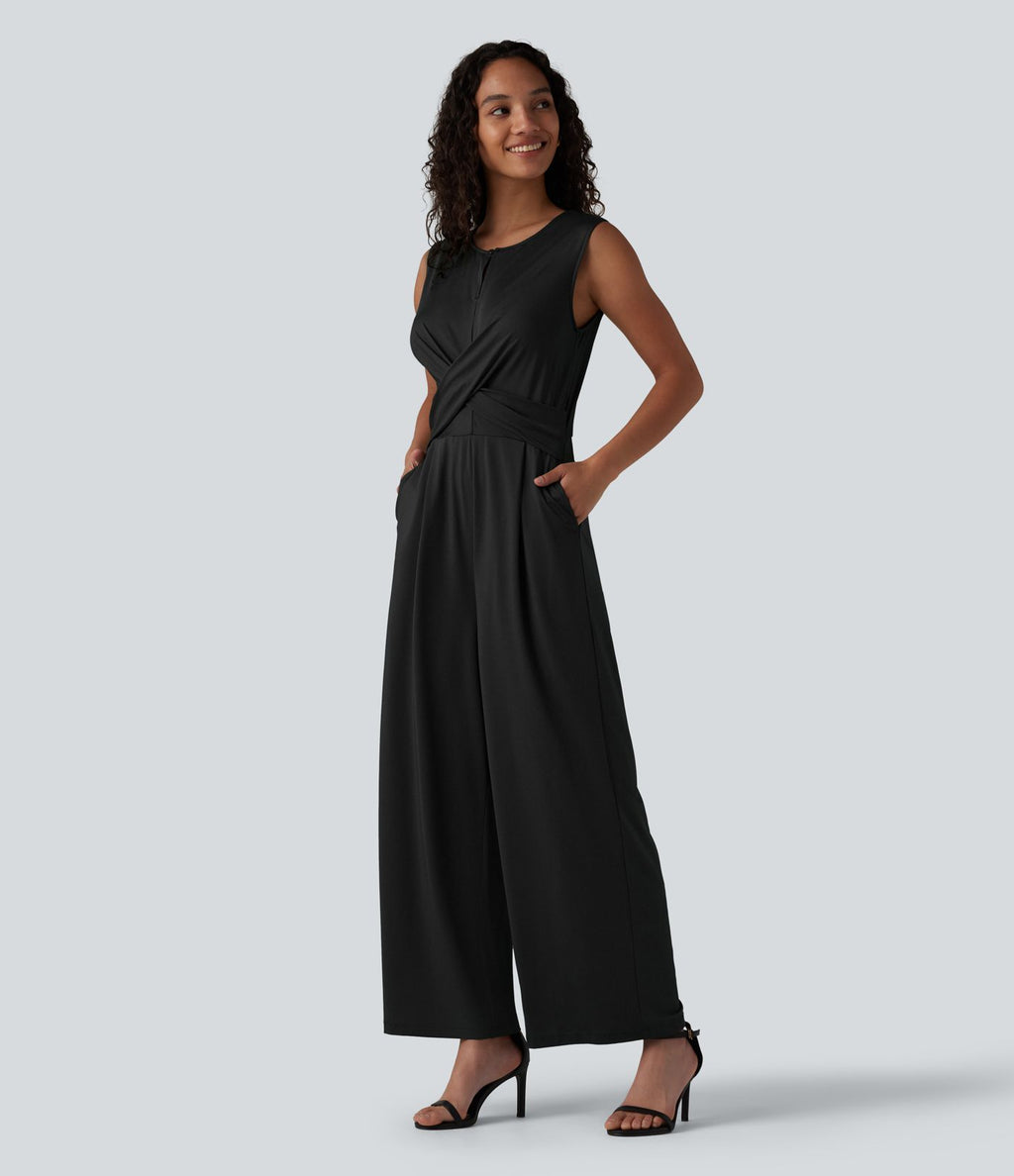 Combinaison tailleur jambe droite sans manches à col rond et taille croisée avec poches - Édition Easy Peasy