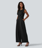 Combinaison tailleur jambe droite sans manches à col rond et taille croisée avec poches - Édition Easy Peasy