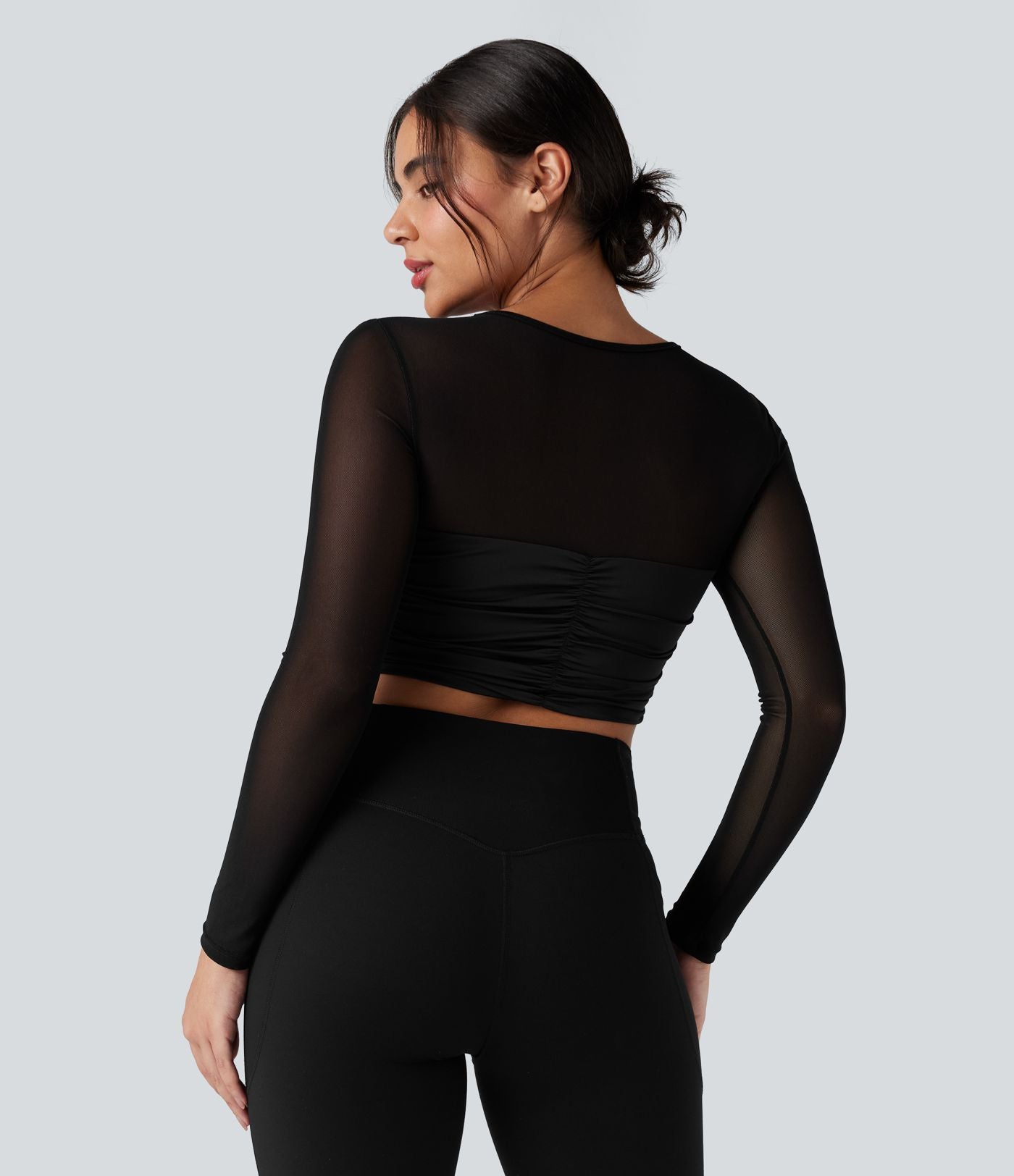 Top de sport yoga col rond manches longues froncé avec mesh contrastant