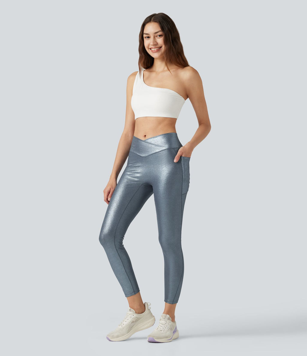 Legging de yoga en maille côtelée taille haute croisée avec imprimé métallisé et poches
