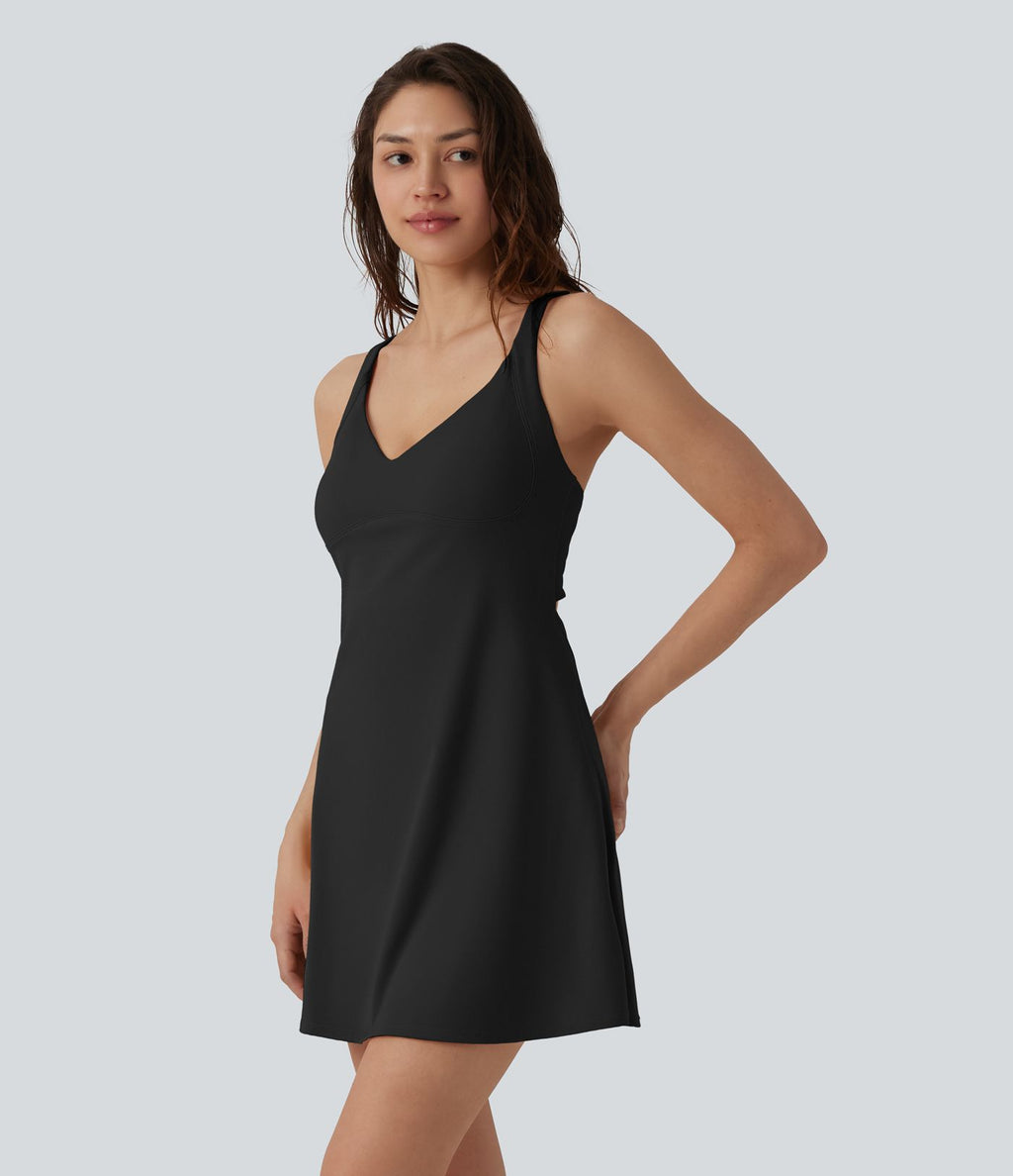 Robe sport danse mini 2-en-1 col V dos nu SoftlyZero™ Plush avec poches - Édition Easy Peasy