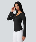 Top de sport danse côtelé col bénitier manches longues