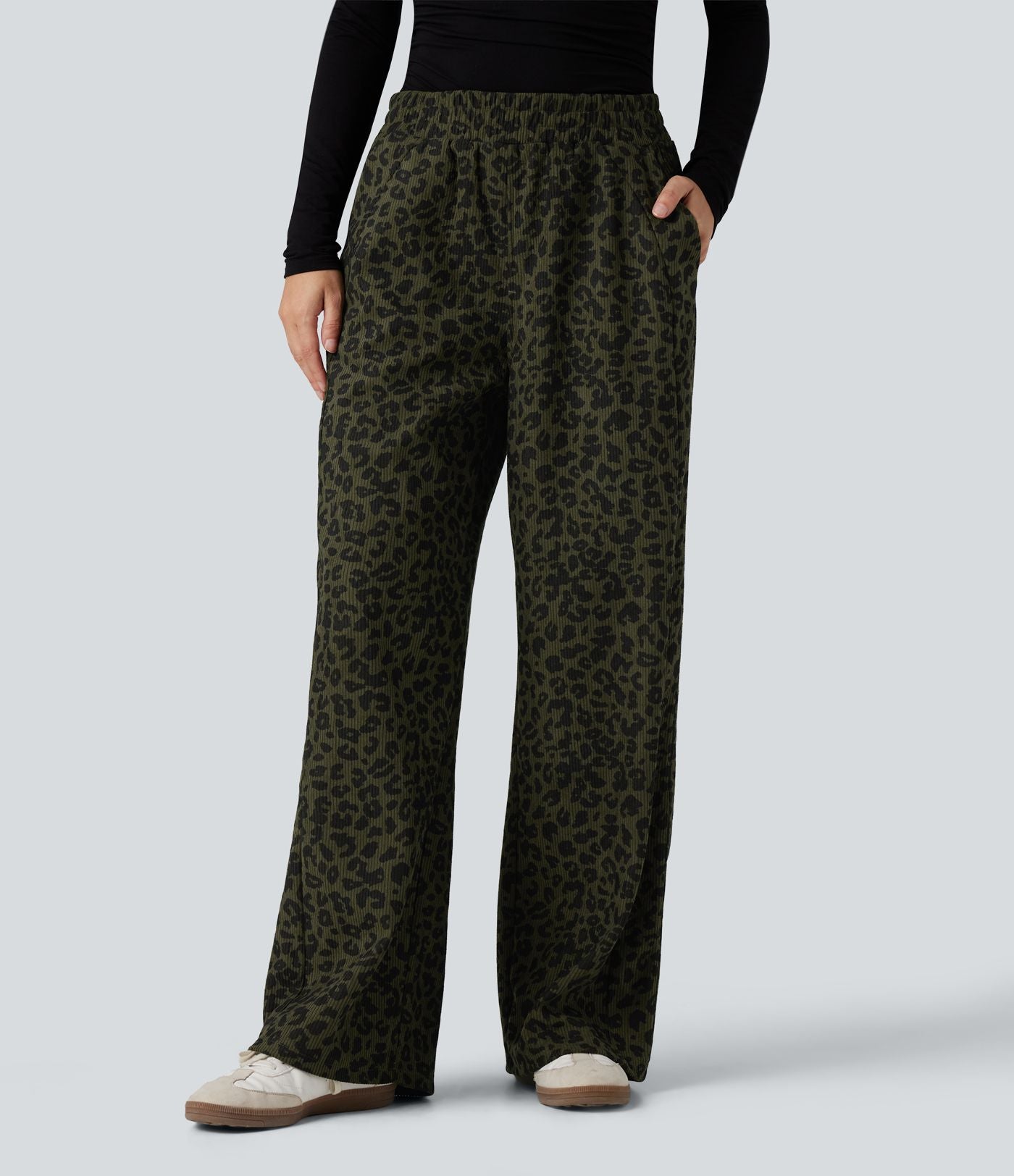 Pantalon léopard velours côtelé imprimé coupe droite mop taille haute avec poches