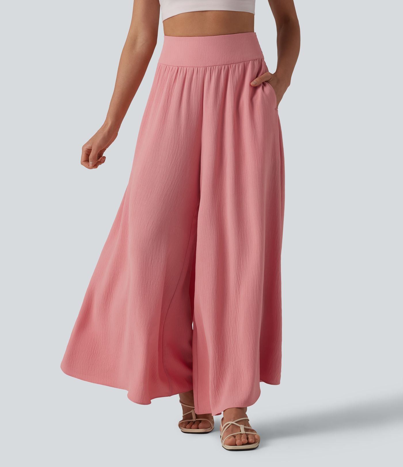 Pantalon fluide décontracté taille haute froncé aspect lin avec poches