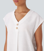 Blouse de Travail Col V Manches Courtes avec Boutons Décoratifs