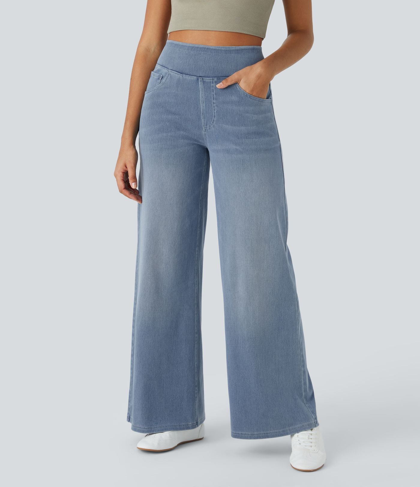 Halara Flex™ Jean Large Casual Taille Haute Poches Multiples Tricot Extensible Délavé