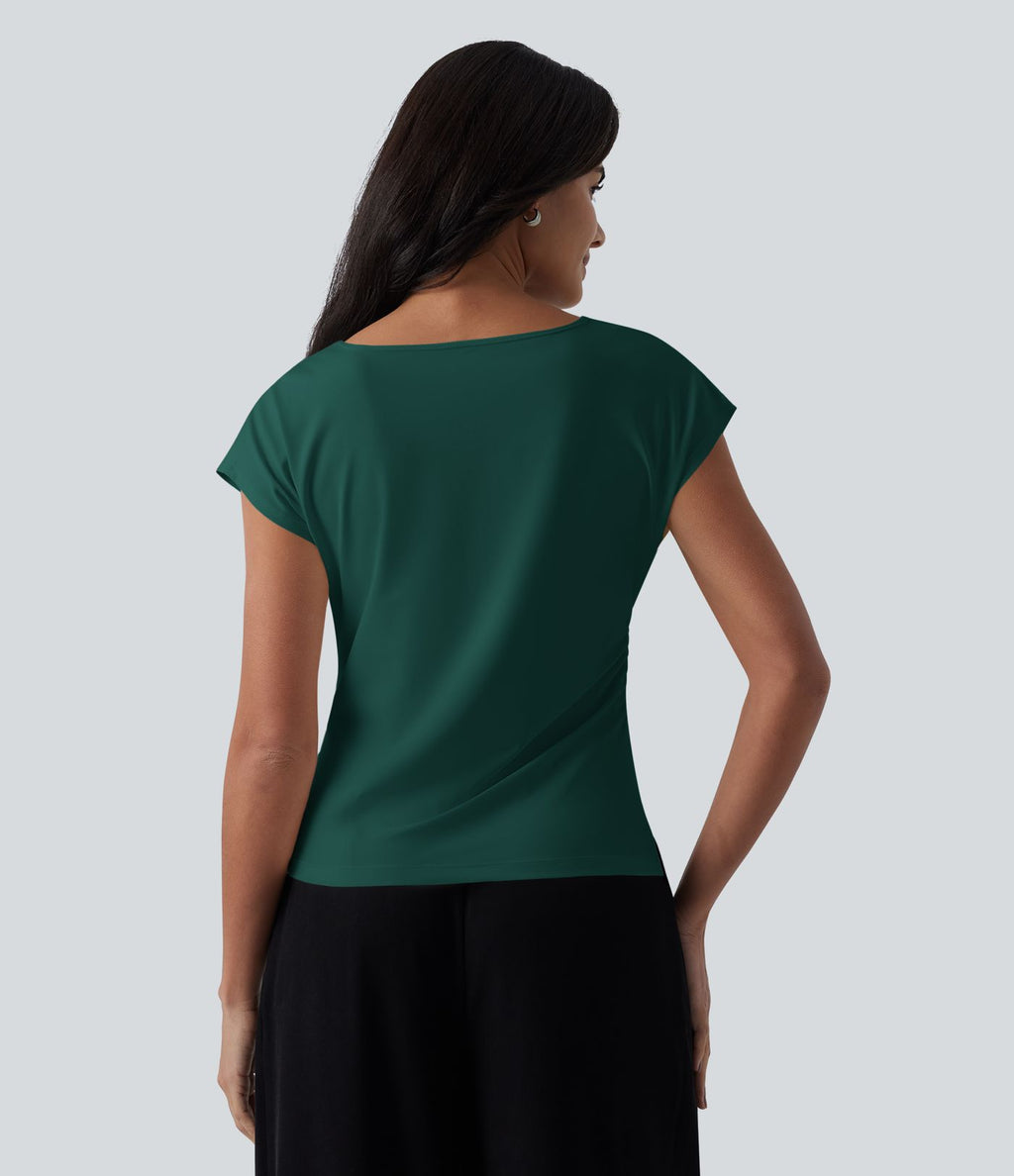 Blouse tailleur asymétrique col drapé manches courtes avec fronces et ourlet fendu