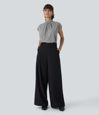 Blouse de Travail à Col Montant Plissée avec Boutons dans le Dos et Manches Courtes