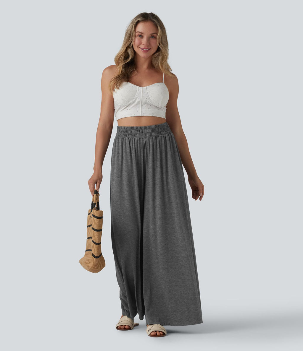 Pantalon large fluide chiné resort taille haute avec poches