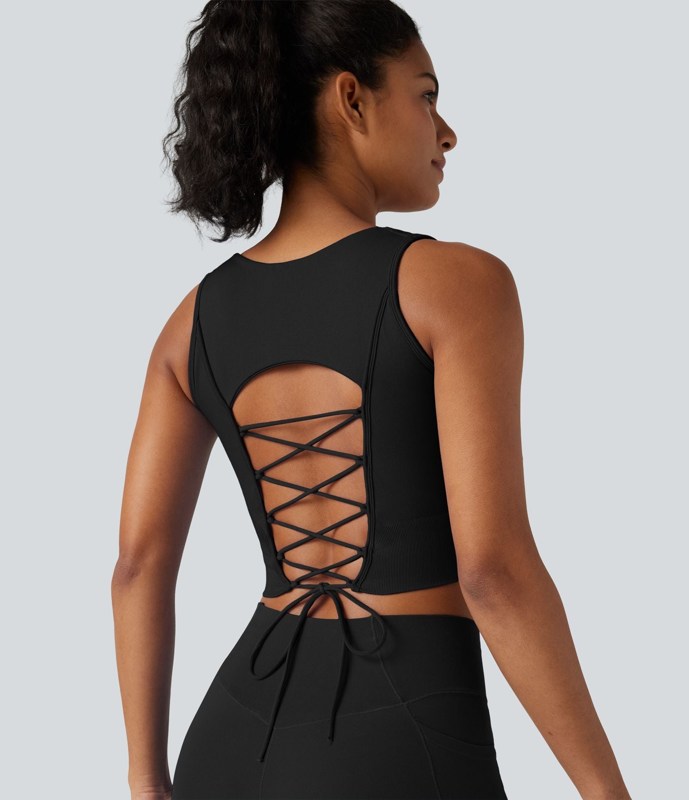 OneForm Seamless Flow Débardeur de yoga court col V avec brassière intégrée et laçage