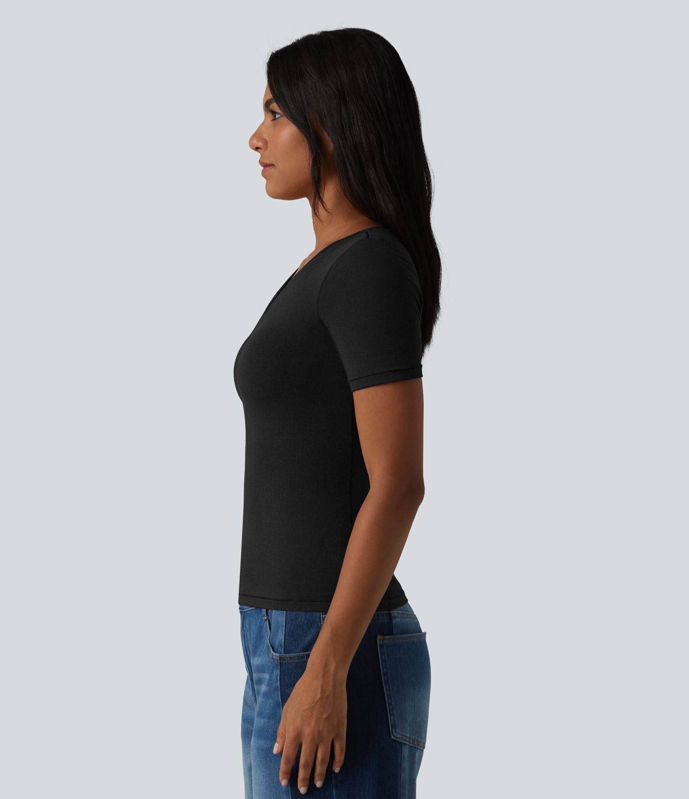 Halara T-shirt décontracté en jersey de coton col V manches courtes avec soutien-gorge intégré bonnets B-DD