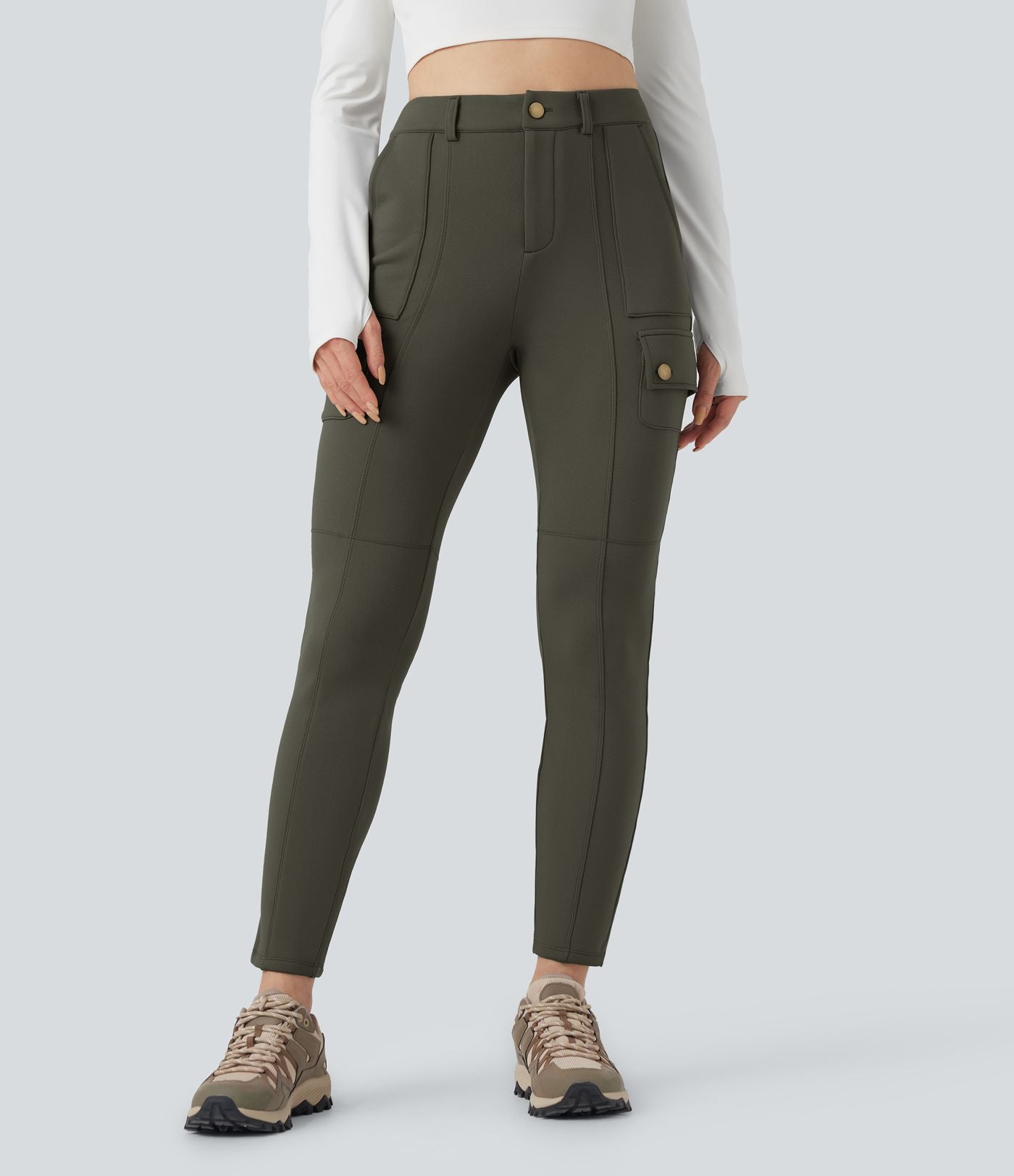 Pantalon cargo de randonnée ajusté polaire taille haute avec poches